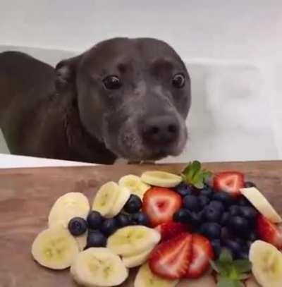 He loves baths and fruits.