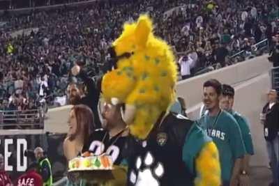 the mascot was just trying to celebrate a fan’s birthday 💀💀😭😭