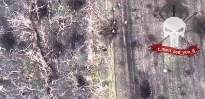 Ukrainian soldiers (on the left with light camo) fighting with Russian soldiers ( in the right trench with dark camo). Russian drone them drop explosive on Ukrainian soldiers forcing them to retreat. 2022