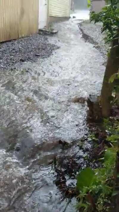 The rain has carved a river from my neighbors driveway and is pushing mounds of rocks into my yard