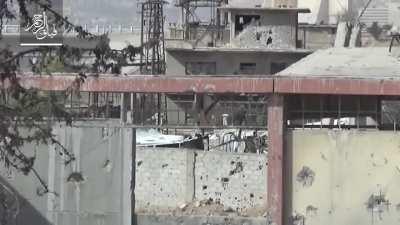 Insurgents from Faylaq al-Rahman used a cannon from the 19th-century to target Syrian government forces occupying a building on the Irbin front, Damascus circa 2017.