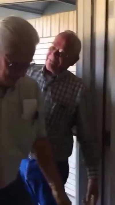 Dad cries after his kids help him reunite with his best friend war bud who he hasn't seen or heard from for over 60 years. They tricked their dad by having his war buddy knock on the door and ask for 