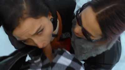 Outdoor Threesome in The Snow - Two Hot Girls Warm Cock