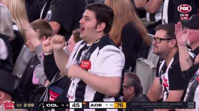 Free kick paid against Steele Sidebottom for striking Hugh Bond in midriff with elbow after taking a mark.
