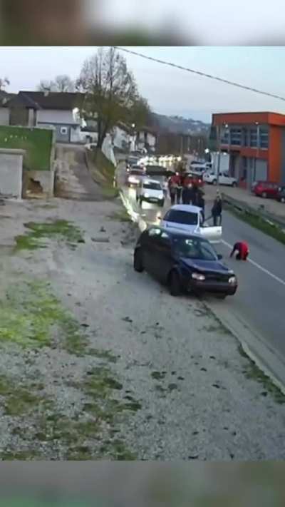 Man crashes into a car, starts a fight, then jumps back in and runs people over — happened in Bosnia.