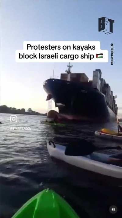 Australian protestors in kayaks blocked the path of an Israeli cargo ship at the Port of Melbourne while chanting “ZIM supplies genocide!” ZIM currently operates 2 percent of global shipping, including lines to the United States.