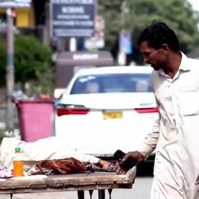 The guy is surprised by a meal from a stranger