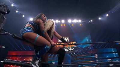 Skye Blue crotched on the turnbuckle by Julia Hart