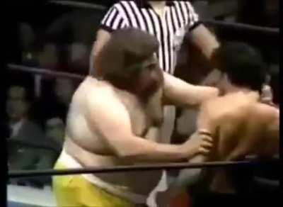 Wrestler gets legitimately pissed after his opponent refuses to sell his moves during their staged match, humiliating him in front of the crowd, so he flips out, completely goes off script and starts to brutally assault his opponent FOR REAL (with comment