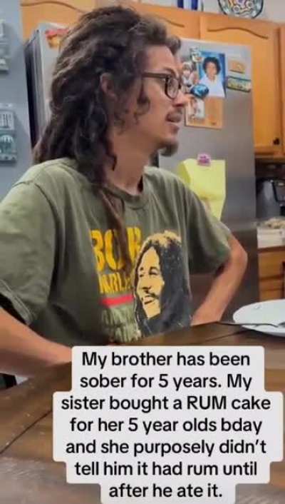 Man sober for 5 years eats a rum cake, and is only told is has alcohol in it AFTER he eats it.