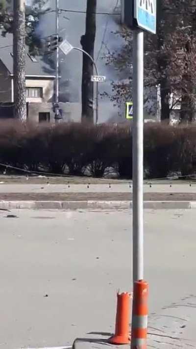 Description on twitter: A Russian BMP is found broadcasting propaganda in the town of Bucha - totally unprotected. So a Ukrainian irregular walks up with an RPG and blows it up. - Check comments for updates.