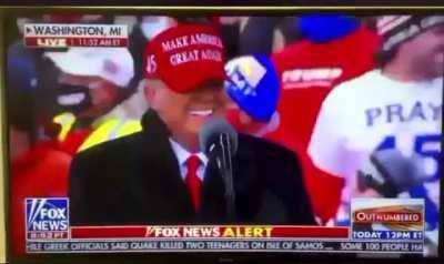 Trump watching the Joe Biden/Jim Carrey bit at a rally today!!!