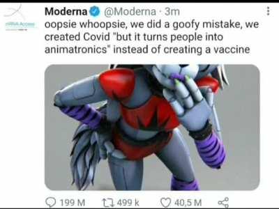 context: in my dream Moderna somehow messed up their COVID-19 vaccine and made a contagious disease that turns people into animatronics