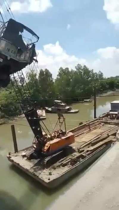 June 1st,2019 in Dong Thap , Viet Nam. The crane broke in two when 
