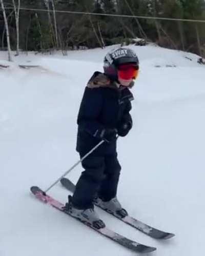 10 y/o does a Double corked 10 ski-jump. flawlessly on the slopes, Good job