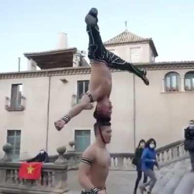 He climbs the 100-step stairs in 53 seconds without hand contact. (I believe this fits here,if anything,just for the hug in the end).