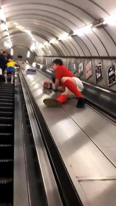 Sliding down the escalator