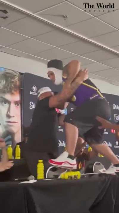 Shocking moment YouTuber Alex Stein throws ‘hotdogs’ at Muslim TikTok star Mo Deen ahead of Misfits Boxing clash.