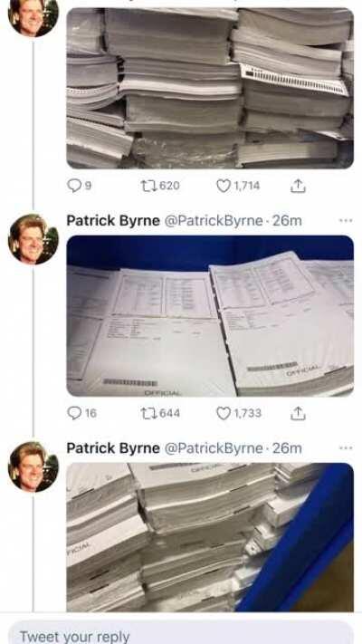 Patrick Byrne: They managed to get their hands on a bunch of the FAKE PRINTED BALLOTS before the shredding trucks came and destroyed the evidence on Wednesday.