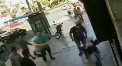 Kid hits an elderly man and gets instant payback.