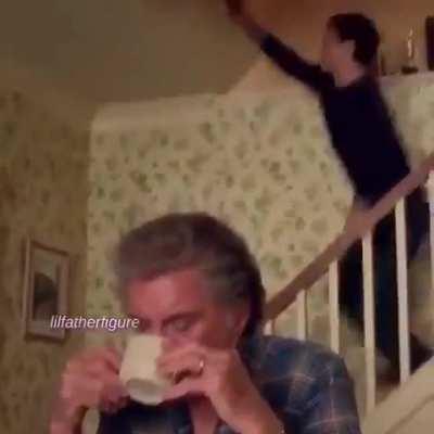 Peter Parker (a.k.a. Spiderman) running down the stairs