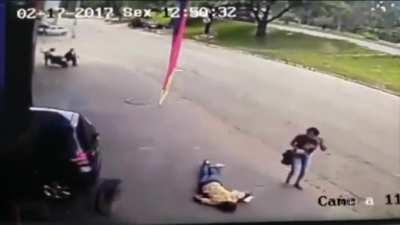 Wild tire hits pedestrian right in the head (the victim is alive)