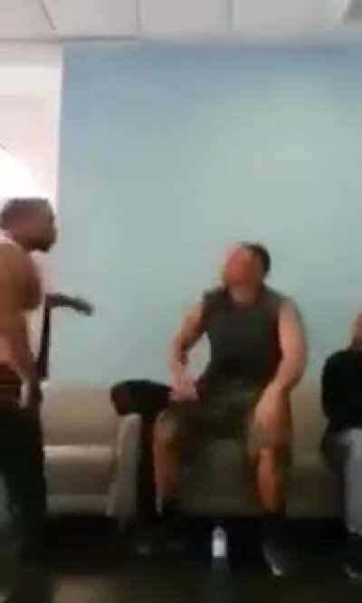 9 times out of 10 if a dude stays seated while you're pressing him it means he thinks you're a joke and as soon as you leap he's gonna give you the business and that's exactly what happens