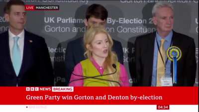 A plumber, socialist, and anti-racist Green party member just won a highly contested by-election in the UK. The genocidal Labour party was edged into 3rd place by the fascist Reform party, and the Conservatives gained a measly 1.9% of votes. Another world