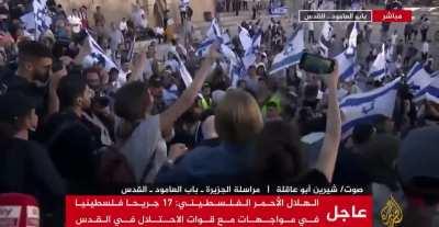 Israeli soldier attacks a Palestinian girl who raised the flag of Palestine in front of the crowd during Israel's 'March of Flags' today in Occupied East Jerusalem.