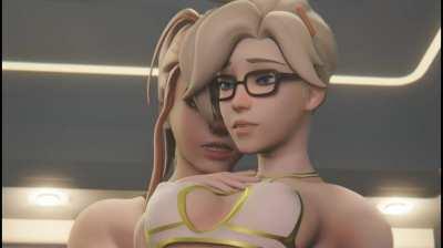 Futa Brigitte between Mercy legs (Dreamrider) [Overwatch]