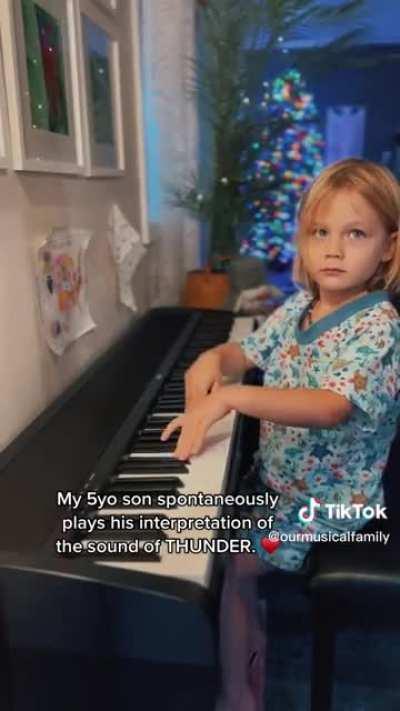 Five year old boy creates a moving piano composition inspired by thunder