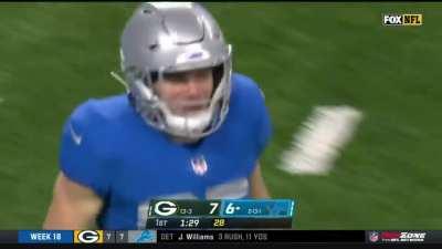 The Detroit Lions run a trick play, passing after a hand-off and reverse to a wide receiver, resulting in a long Kalif Raymond touchdown