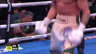 Knocked down in the 1st round, and down on all 3 cards going into the 12th, Leigh Wood knocks out Michael Conlan in his first defense of his WBA featherwieght title.