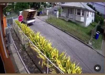 What could go wrong standing in the tray of a van behind unsecured items?