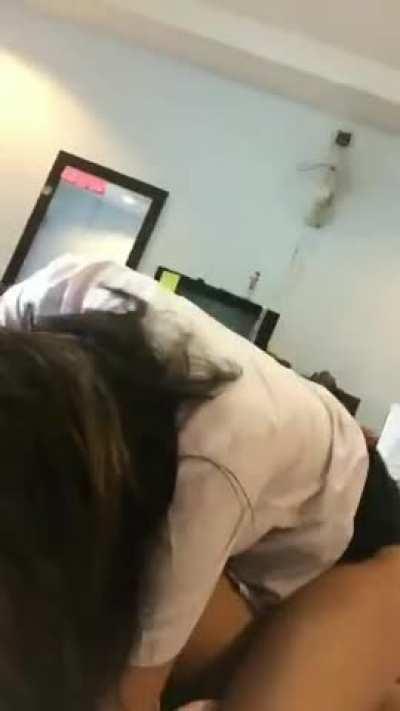 The boss' secretary gets a little bit too enthusiastic