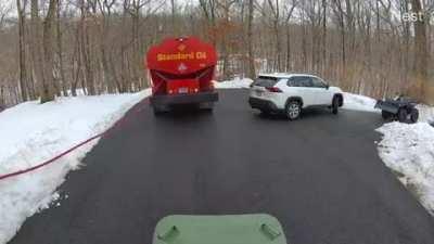 Oil delivery truck driver forgets to engage the parking brake