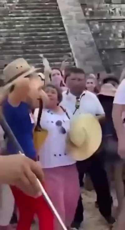 In Mexico, a tourist climbed and danced on a sacred Mayan pyramid and then got attacked by a mob of locals