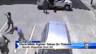 Of the 11,388 gas stations to rob in Texas ,these prize winning recipients had to pick the one whose clerk is a 5 time Sri Lankan MMA champion.