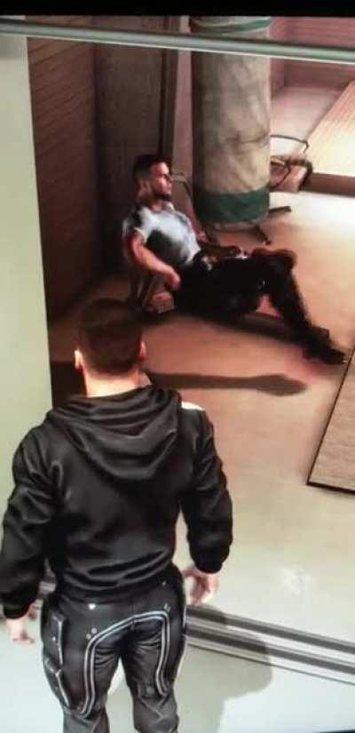 James trying to simultaneously sit at the party but also hit the punching bag after the party