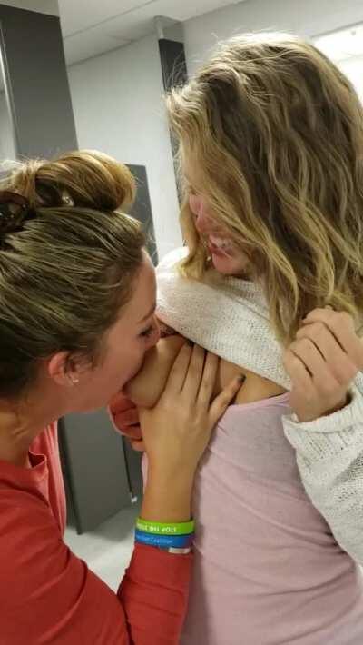 Lactating babe lets her friends suckle her