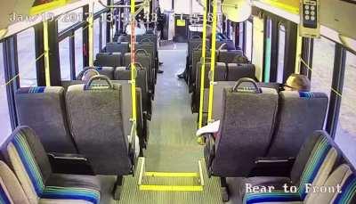 cameras on bus captures the moment an out-of-control truck plowing into the side of a bus like a medieval battering ram