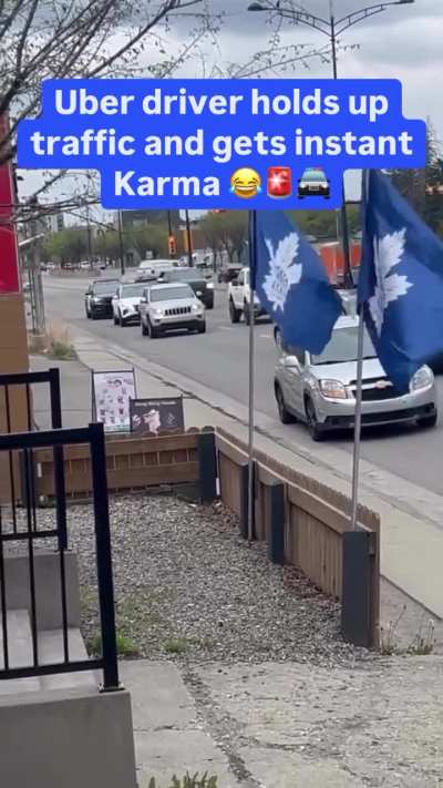 Uber driver blocks traffic while picking up food