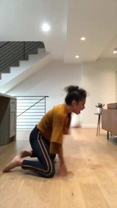 Liza gets a crotch wedgie while stretching and said she likes the way it hurts so good