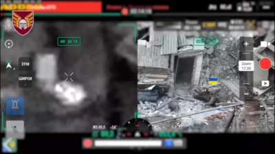 A Ukrainian soldier reacts quickly when a grenade is thrown and throws it back to russians hiding in a basement.