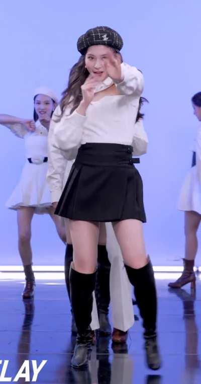 Sana - black skirt, beret, knee-high boots, white top