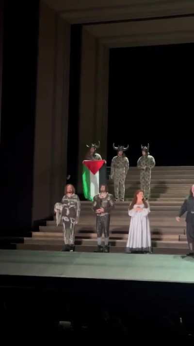 After almost two years of genocide, a brave performer waves the Palestinian flag on stage at the Royal Ballet & Opera in London.
