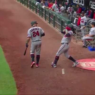 Gary Sanchez for some reason walks into the path of the on deck hitter swinging a bat, nearly pays the price