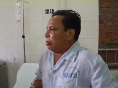 What a suspected rabies patient looks like, they can't drink water because of the extreme hydrophia they suffer from because of it.