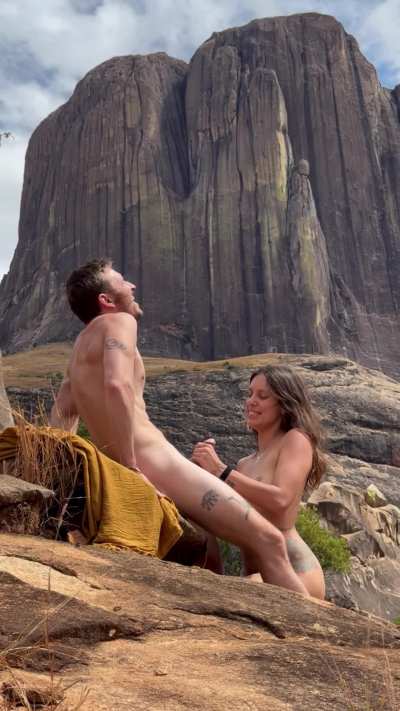 She should always be this happy when giving a handjob