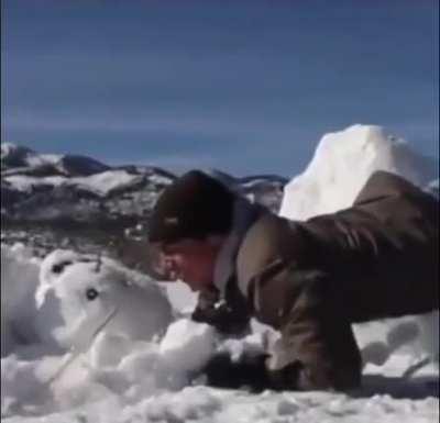 Breaking a snowman with big plastic sticks in it. what could go wrong
